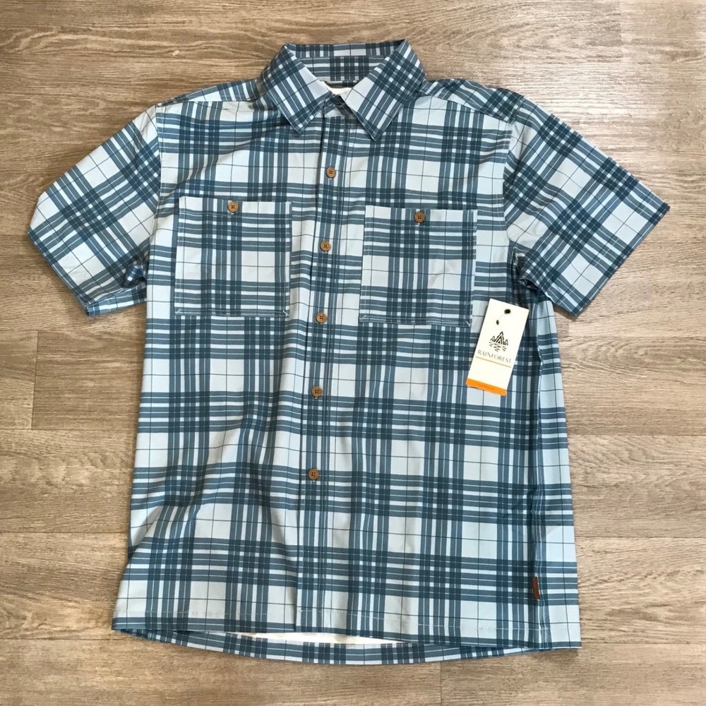Rainforest Mens Blue Plaid Short Sleeve Button Down Performance Shirt Size M